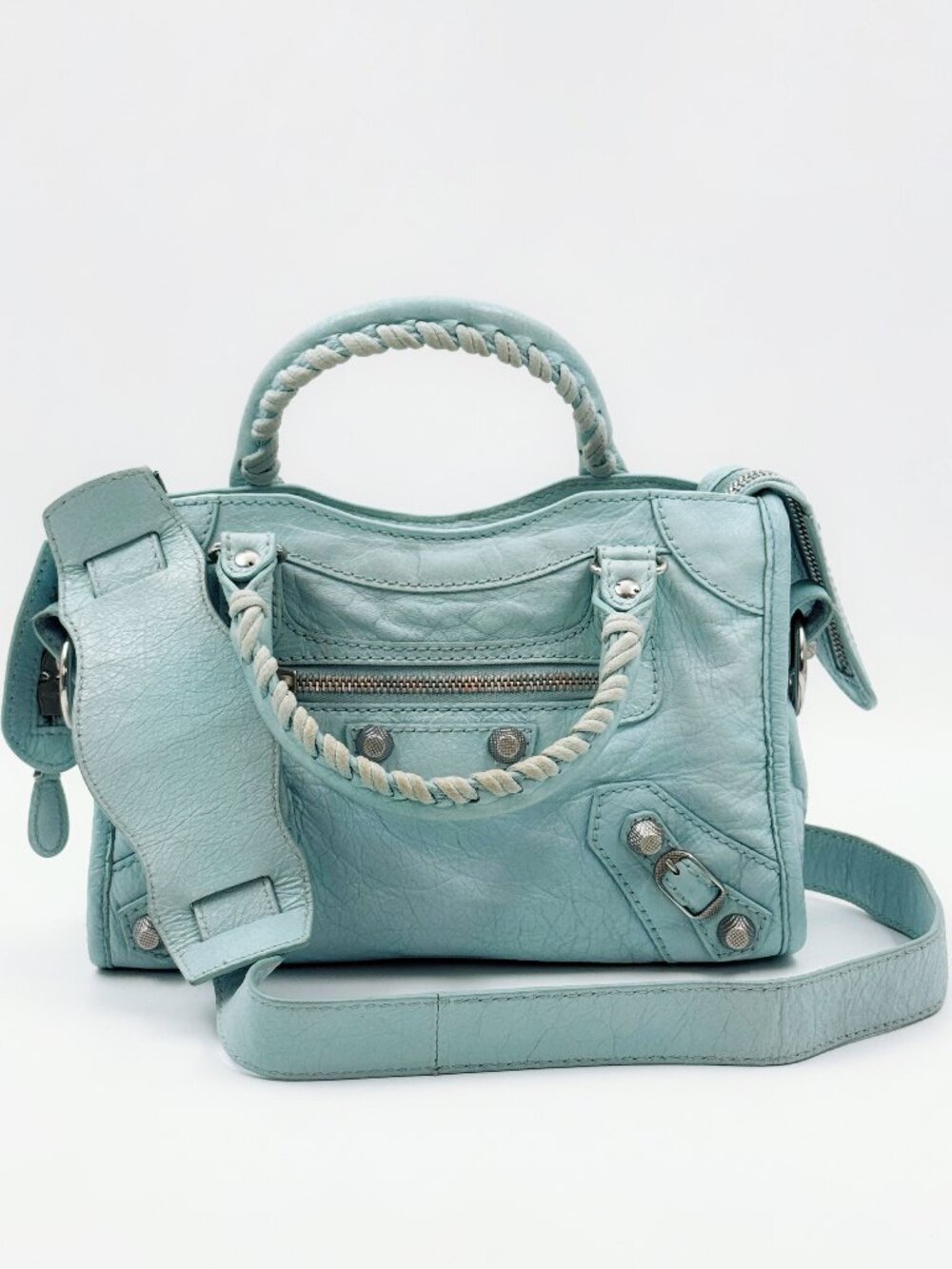 Balenciaga City Mini Light Blue Leather Crossbody Shoulder Bag w/ Mirror